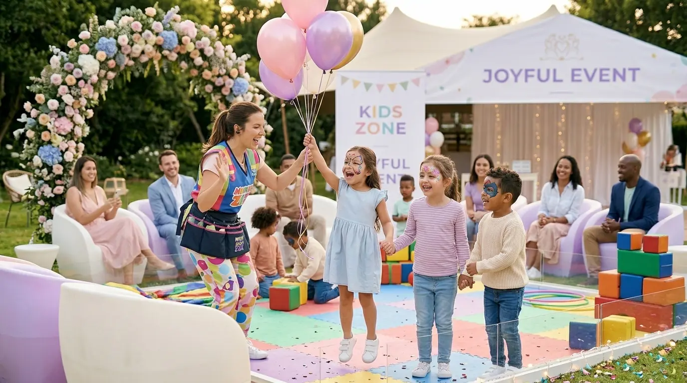 Zona de crianças ao ar livre com pintura facial e balões