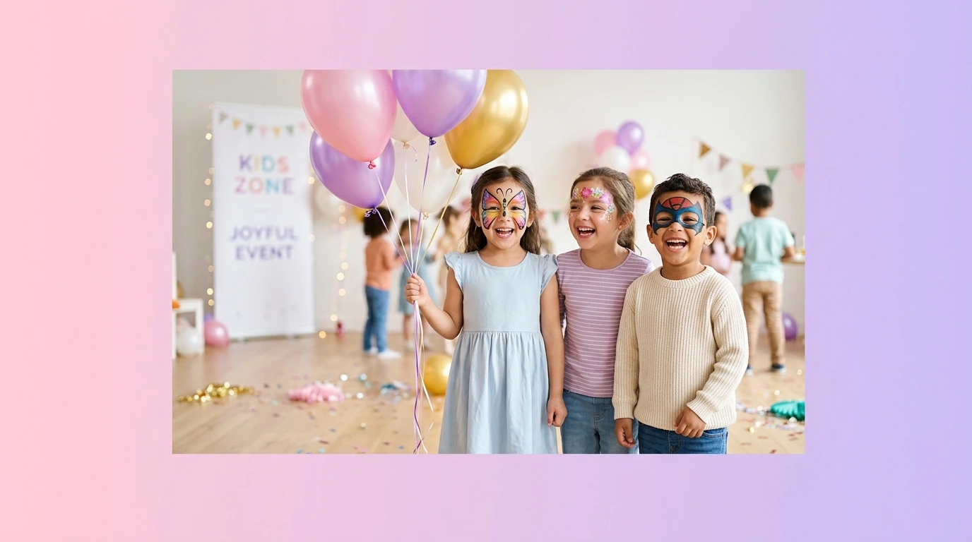 Três crianças com pintura facial numa festa de balões