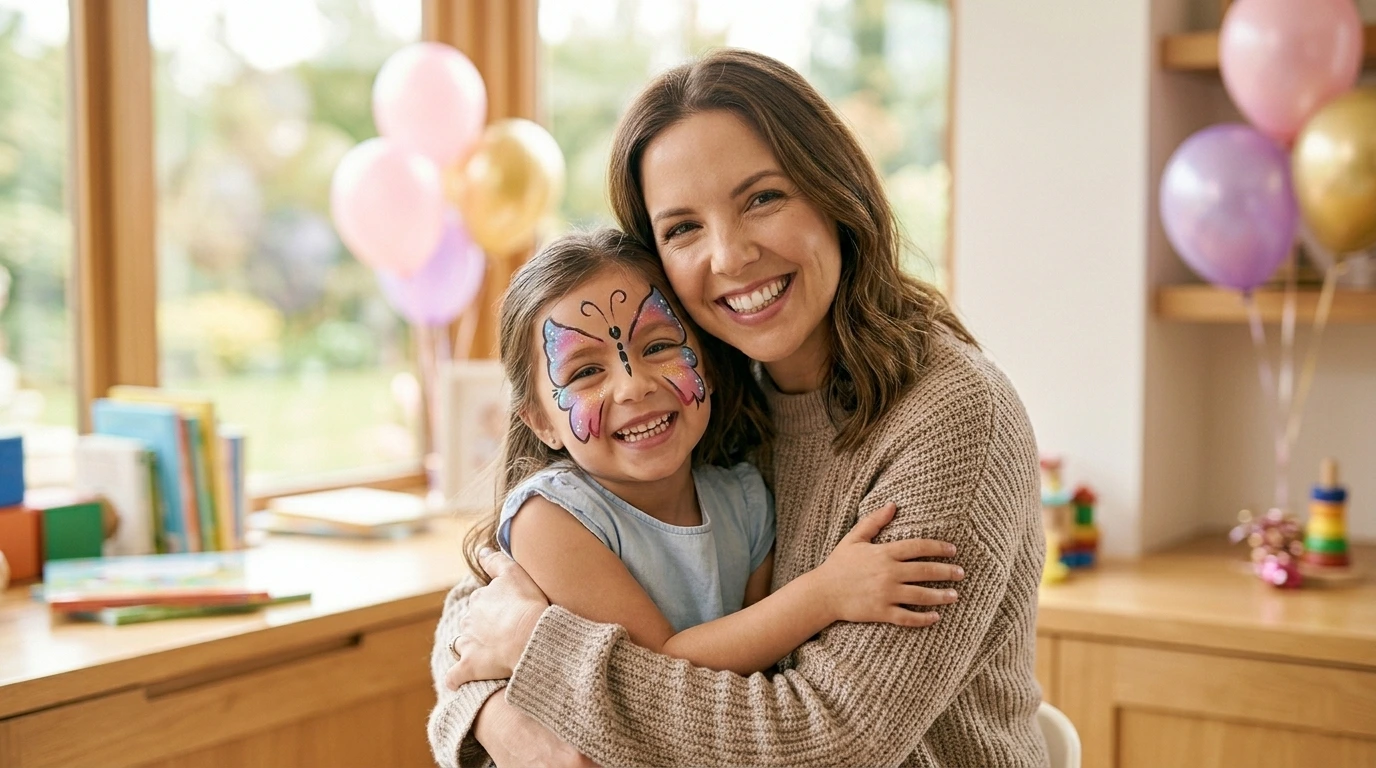 Mãe abraçando filha com pintura facial de borboleta